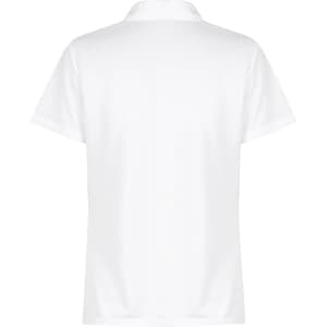 A white polo shirt featuring a collar and short sleeves, with a small logo on the back.
