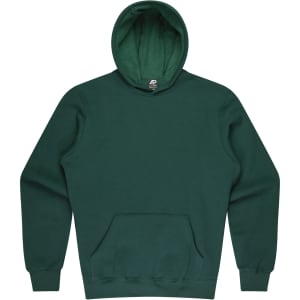 A green hoodie with a front pocket and a hood. It features a logo inside the collar.