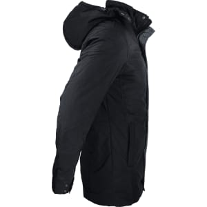 A black jacket with a hood, featuring a side view and detailing on the sleeves. It has a logo.