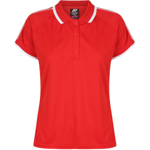 A red polo shirt with white accents and a three-button placket. It features short sleeves and has a logo.