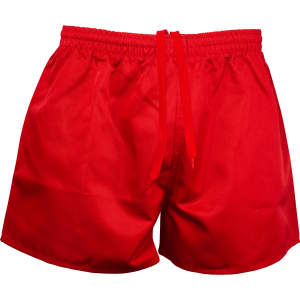 Red rugby men's shorts featuring an elastic waistband and drawstring, with a simple design and a logo.