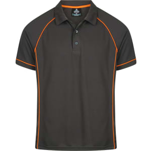 A dark green polo shirt with orange piping and a collar. The shirt features a logo on the chest.
