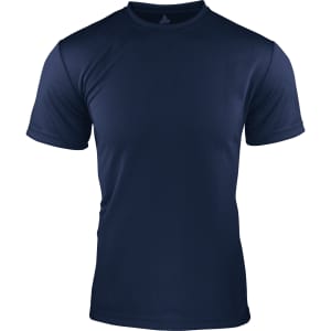 A navy blue men's t-shirt featuring short sleeves and a round neckline, with branding on the collar.