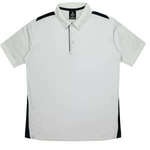 A white polo shirt featuring black side panels and a collar, with a logo on the chest.