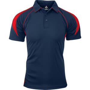 A navy polo shirt with red accents and a collar, featuring a logo on the chest.