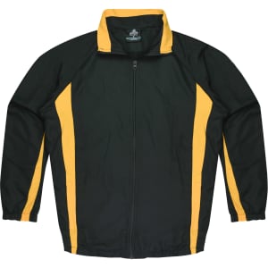 A green tracktop with yellow accents, featuring a zippered front and a collar. The item includes a logo.