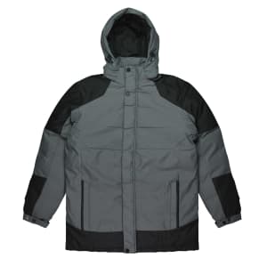 A grey and black men's jacket featuring a hood, with a button-up front and multiple design panels.
