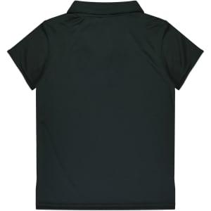 A dark green polo shirt featuring a classic collar and short sleeves, with a logo on the back.