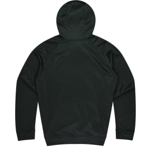 A dark green hoodie featuring a smooth fabric and a hood, with a plain back design.