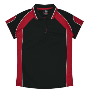 A black and red polo shirt featuring a logo, with short sleeves and contrasting piping details.