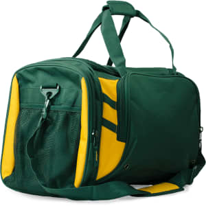 A green and yellow duffle bag with a mesh pocket and a logo, featuring a removable shoulder strap.