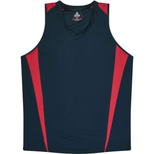 A navy singlet featuring red side panels and a V-neck design. It has a logo on the label.