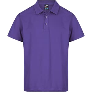 A purple polo shirt with a classic collar and three buttons, featuring a logo on the label.
