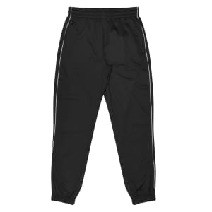 Black kids' pants featuring a simple design with white side stripes and an elastic waistband.