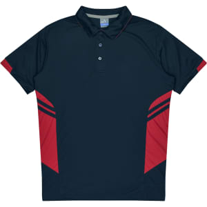 A navy blue polo shirt with red accents and stripes on the sides. Features a collar and buttons, along with a logo.