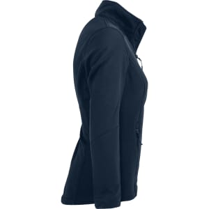 A soft shell jacket in navy blue, showcasing a sleek side profile with a zippered pocket and a branded logo.