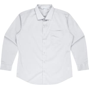 A long sleeve button-up shirt in light grey with a chest pocket and a logo on the label.