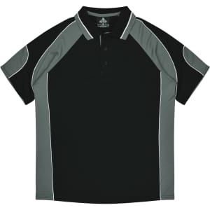 A black and grey polo shirt with contrasting panels and a collar, featuring a logo on the chest area.