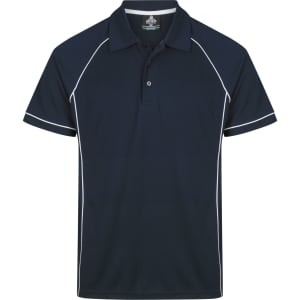 A navy polo shirt with white piping and a logo on the chest. Short sleeves and a classic collar design.