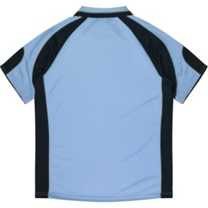 A polo shirt in light blue with black accents and a logo on the back.