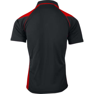 A black polo shirt with red accents and a logo on the back. The shirt features a classic collar and short sleeves.