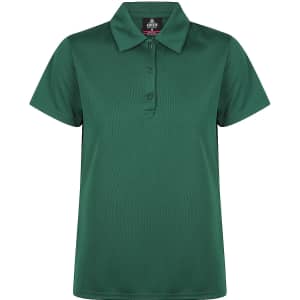 A green polo shirt with a collar, featuring three buttons and a logo. Suitable for casual or active wear.