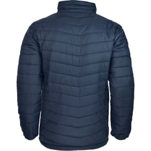 A navy blue men's jacket featuring a quilted design, shown from the back with a raised collar.