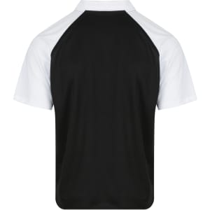 A polo shirt featuring a black body with white sleeves, displaying a logo on the back.