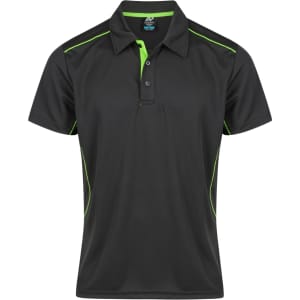 A black men's polo shirt with green accents and a logo, featuring a classic collar and short sleeves.