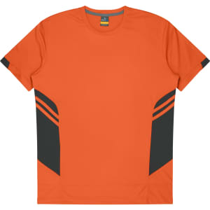An orange T-shirt featuring black side panels and a logo on the label.