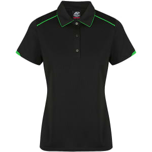 A black polo shirt featuring green accents and a branded logo on the collar.