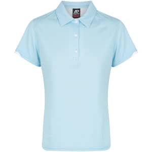 A light blue women's polo shirt with a collar and short sleeves, featuring a branded label.