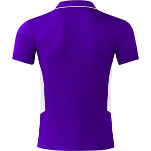A purple polo shirt with white side panels and a collar, featuring a logo.