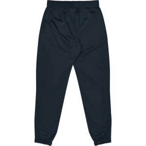 Navy kids' pants with an elasticised waistband and gathered cuffs, featuring a logo.