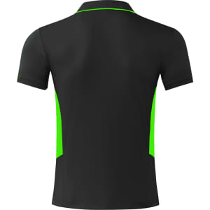 A black polo shirt with green side accents and a logo on the back.