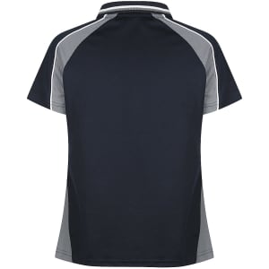 A navy and grey polo shirt with a contrast design and a branding logo.
