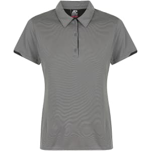 A grey women's polo shirt with a collar, button placket, and contrasting black details. It features a logo.