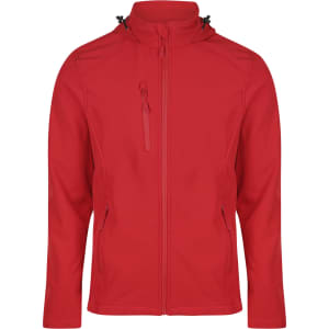 A red jacket with a zip front, adjustable hood, and zippered pockets, featuring a logo on the chest.