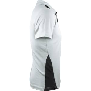A light grey polo shirt with black accents, featuring short sleeves and a collar, including a logo.