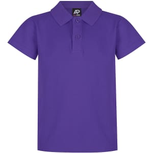 A purple polo shirt featuring a classic collar and short sleeves, with a logo on the label.