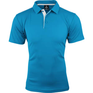 A turquoise polo shirt with a white collar and shoulder accents, featuring a logo on the front.