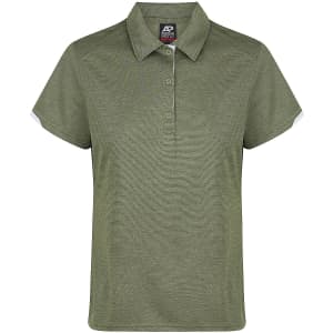 A green polo shirt with short sleeves and a collar, featuring a logo on the chest.
