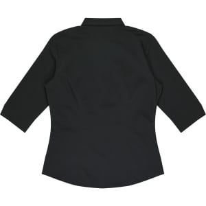 A black button-up shirt with 3/4 sleeves and a fitted design, featuring a back view. It includes a logo.