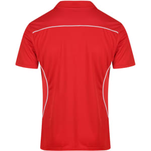 A red men's polo shirt featuring white accent details and a logo.