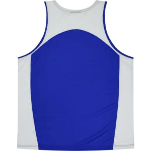 A blue and grey singlet with a sporty design, featuring a logo on the back.