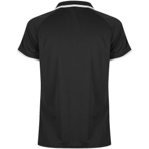 A black polo shirt with a contrasting trim and a logo on the chest.