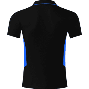 A black polo shirt with blue side panels and a logo on the collar.