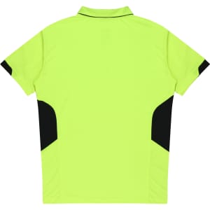 A bright yellow polo shirt with black accents on the sides and back, featuring a collar and short sleeves.