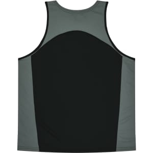 A sleeveless singlet in black and grey, featuring a logo on the back. Suitable for kids' casual wear.
