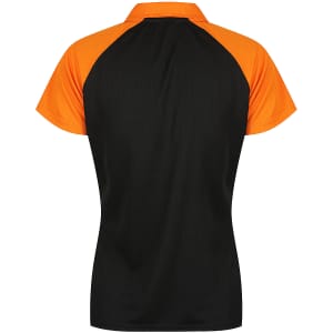 A polo shirt featuring a black body with orange sleeves and a logo on the back.